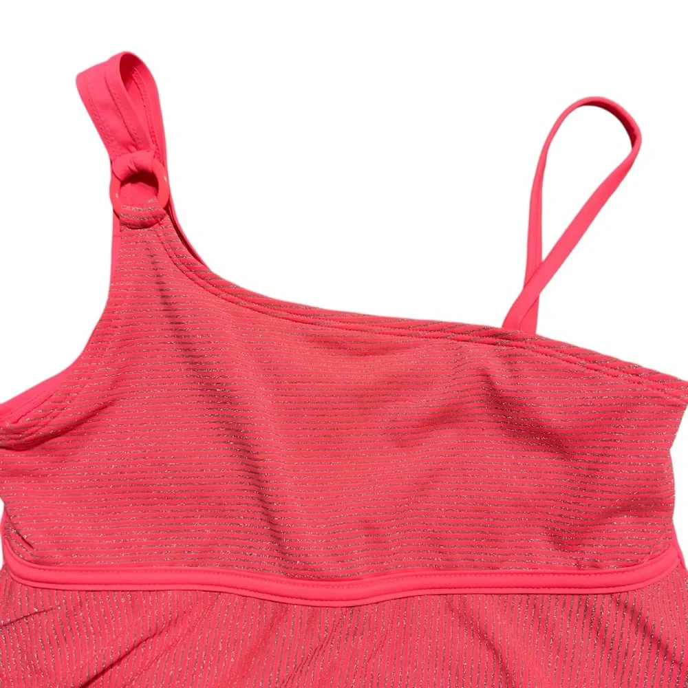 Justice 14Y Pink & Silver Metallic Striped Tankini One-Shoulder Swimsuit